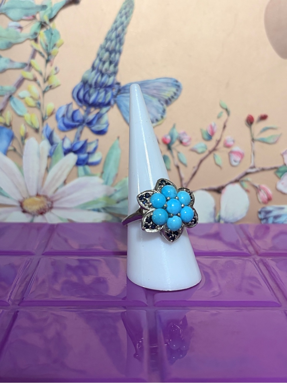 Sterling silver sleeping beauty Flower Cluster Ring size 10